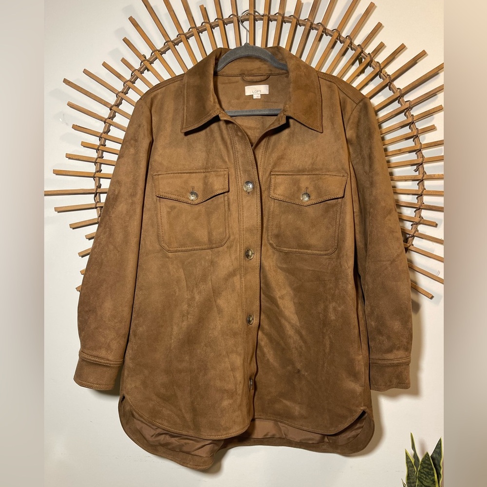 Loft Womens Brown Microsuede Shacket /Jacket Button Down Fall Minimalist